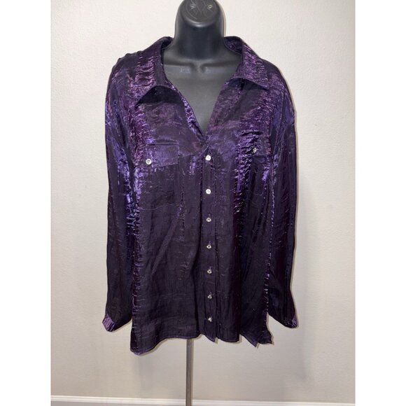 Elementz Womens Size 3X Blouse Satin Like Purple Roll  Tab Long Sleeve Dressy - Picture 1 of 12